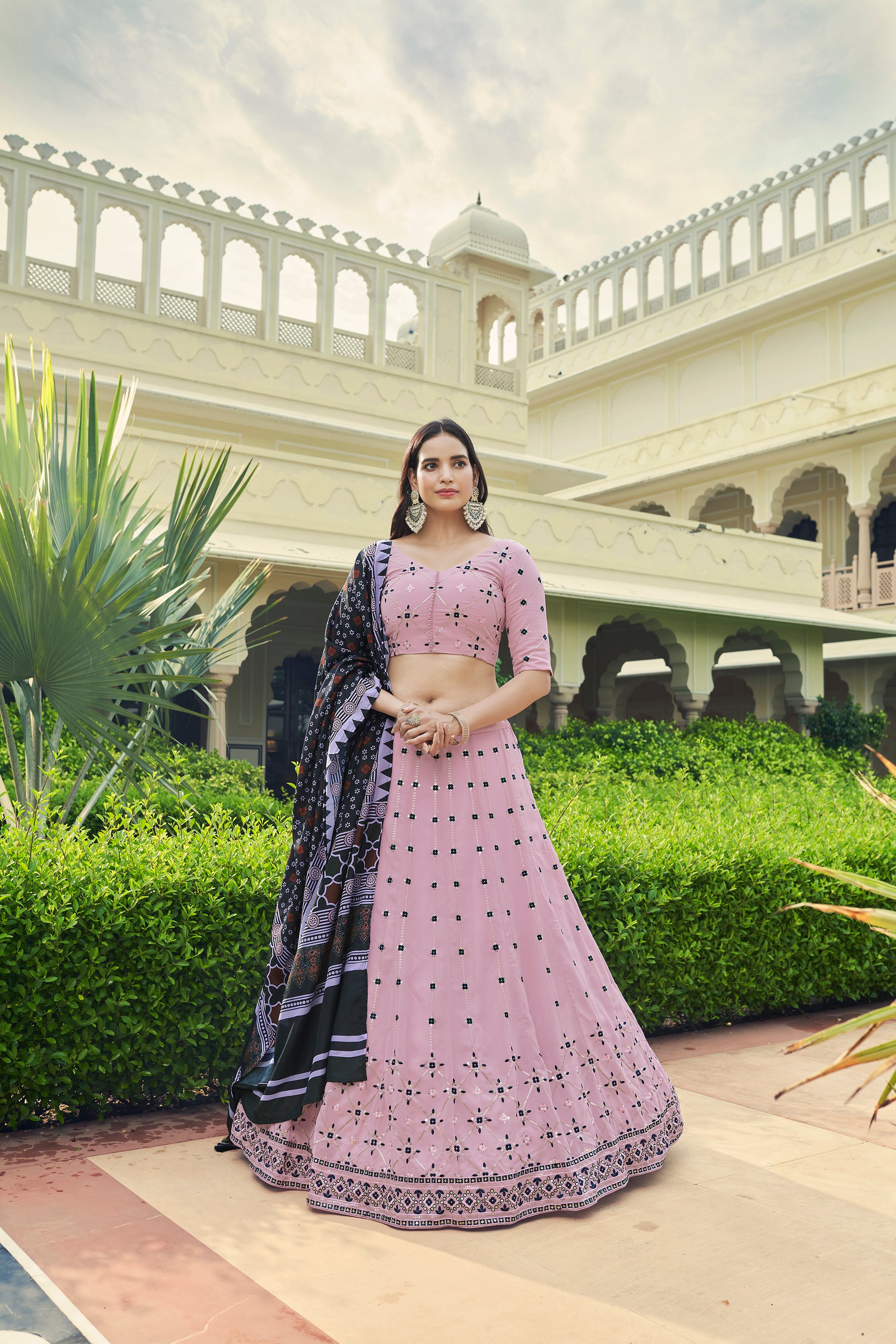 Women's Dusty Pink Georgette Thread With Sequince Embroidered Lehenga Set - Shubhkala