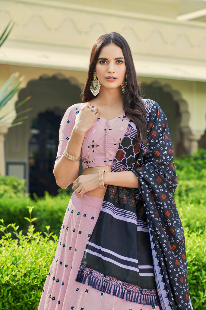 Women's Dusty Pink Georgette Thread With Sequince Embroidered Lehenga Set