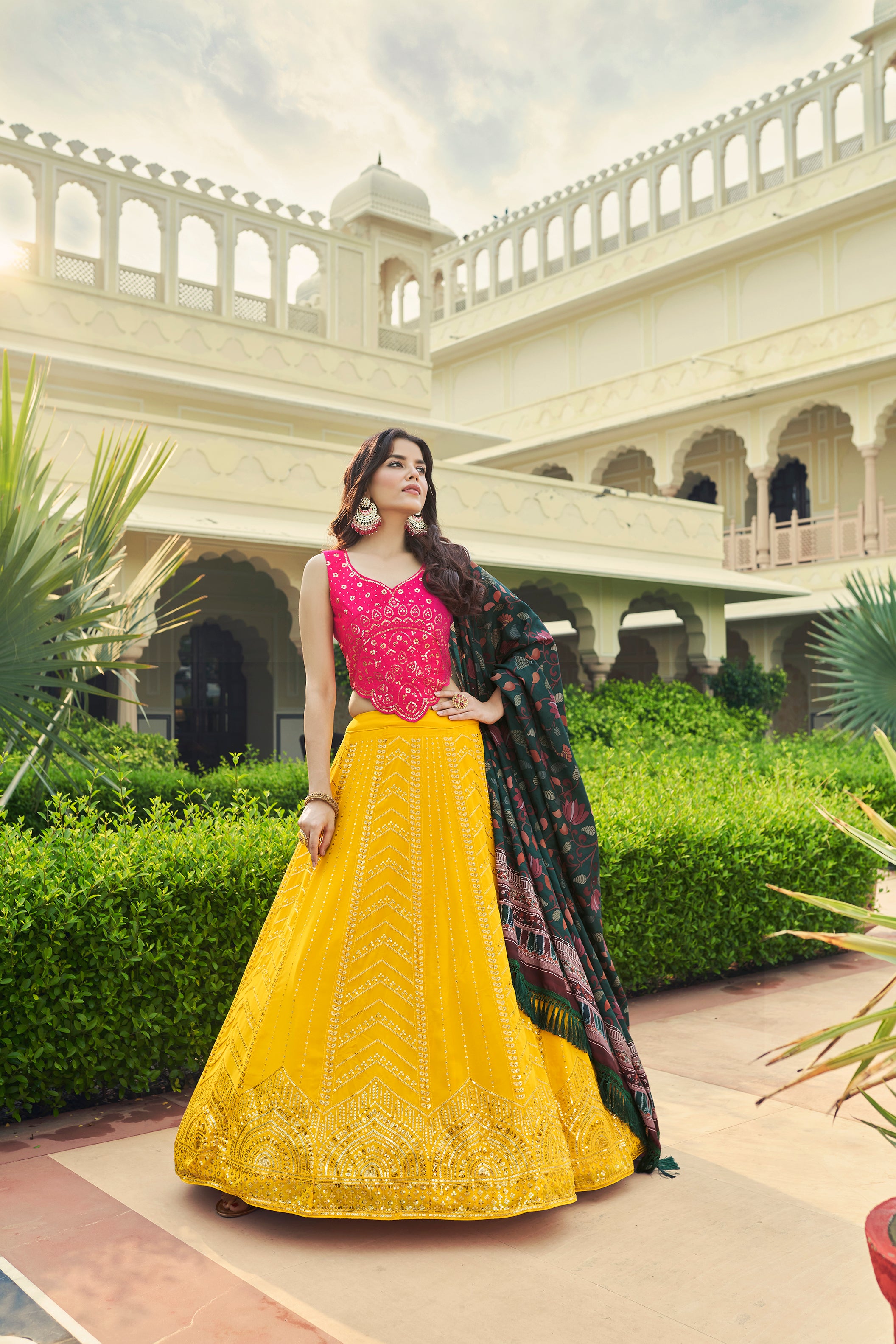 Women's Yellow Georgette Sequince Embroidered Lehenga Set - Shubhkala