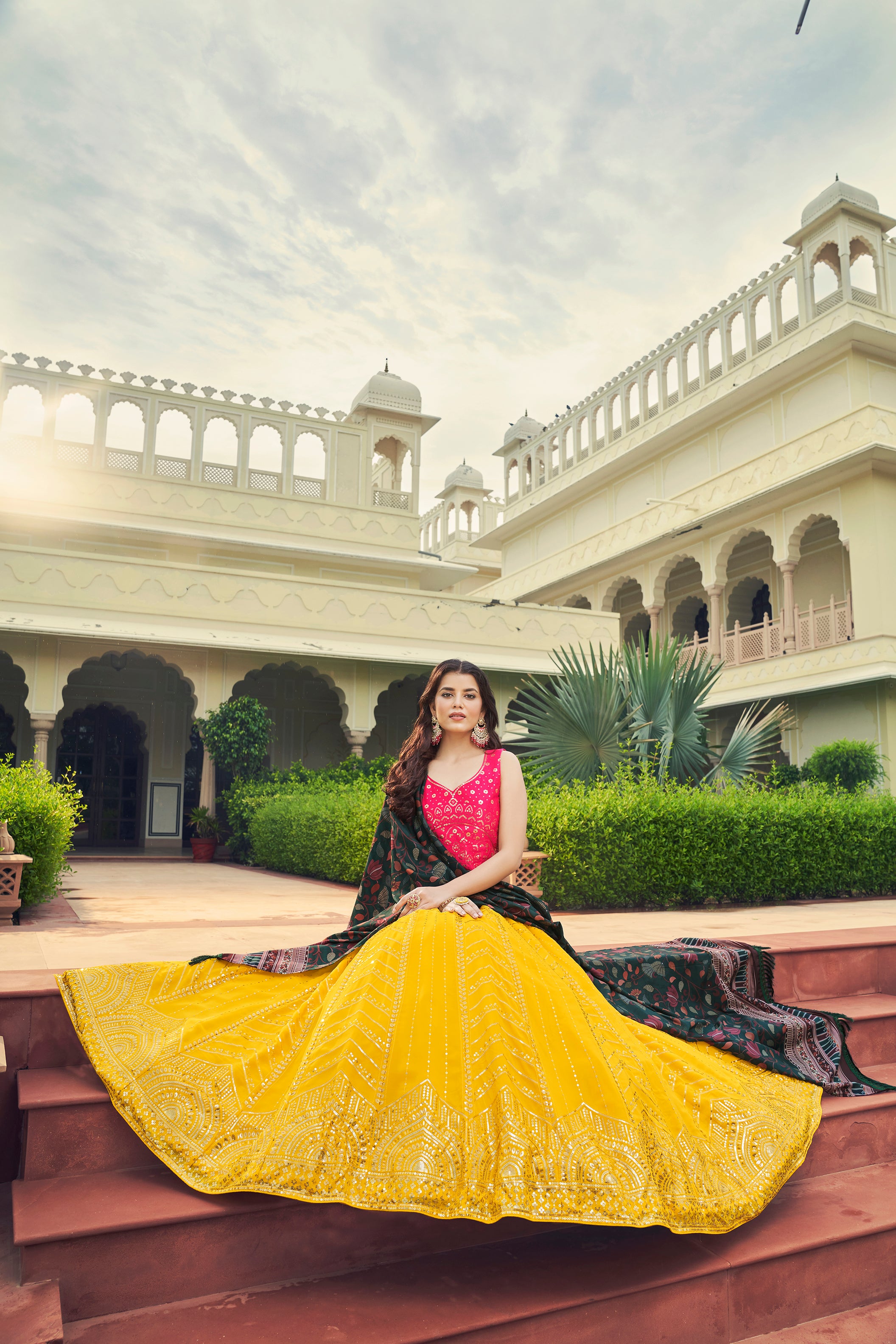 Women's Yellow Georgette Sequince Embroidered Lehenga Set - Shubhkala