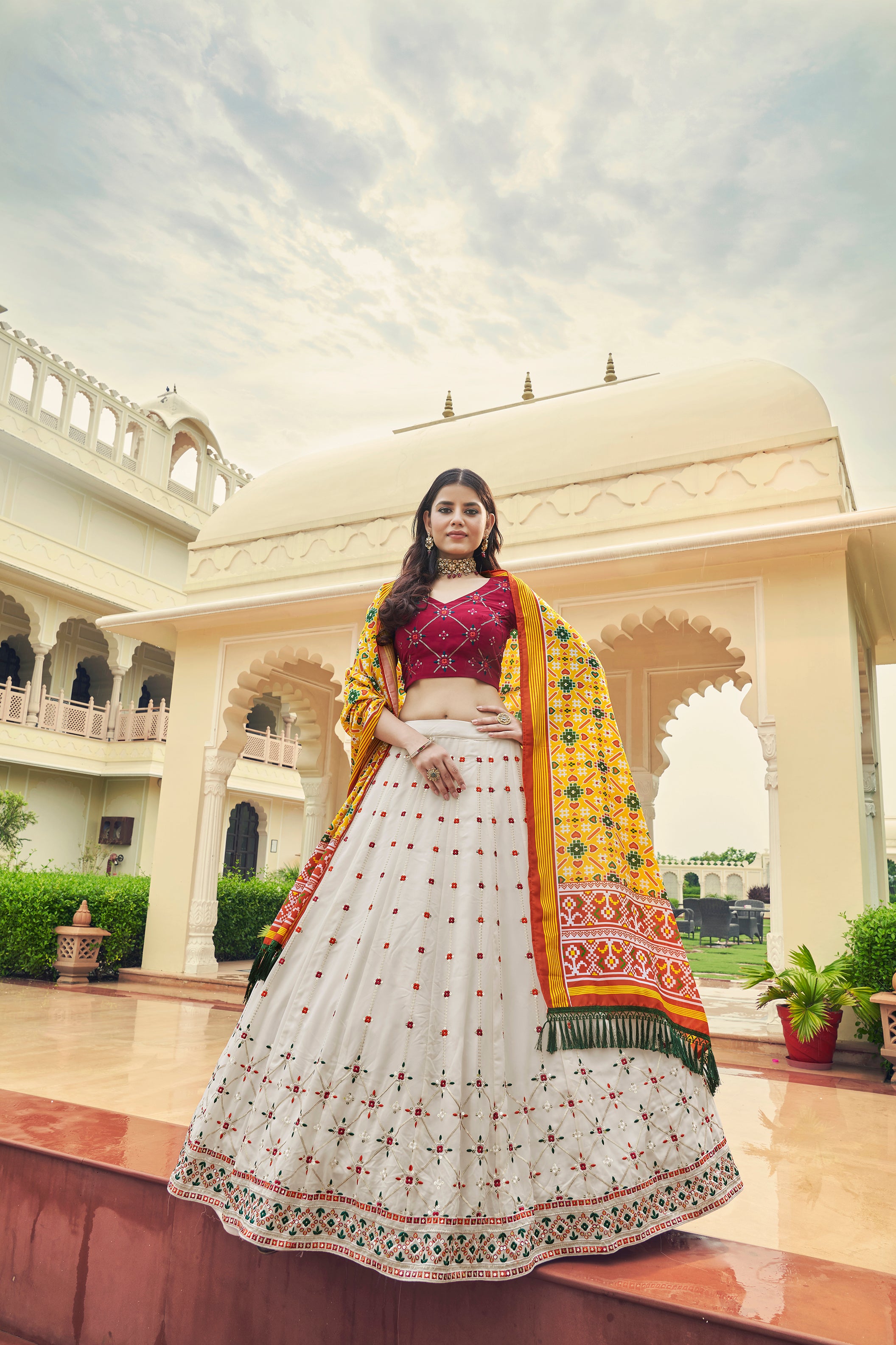 Women's White Georgette Thread With Sequince Embroidered Lehenga Set - Shubhkala