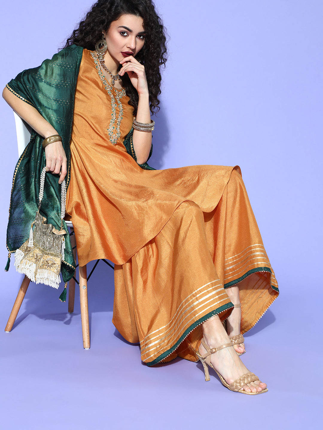 Women's Rust Satin Kurta Set - Taantav