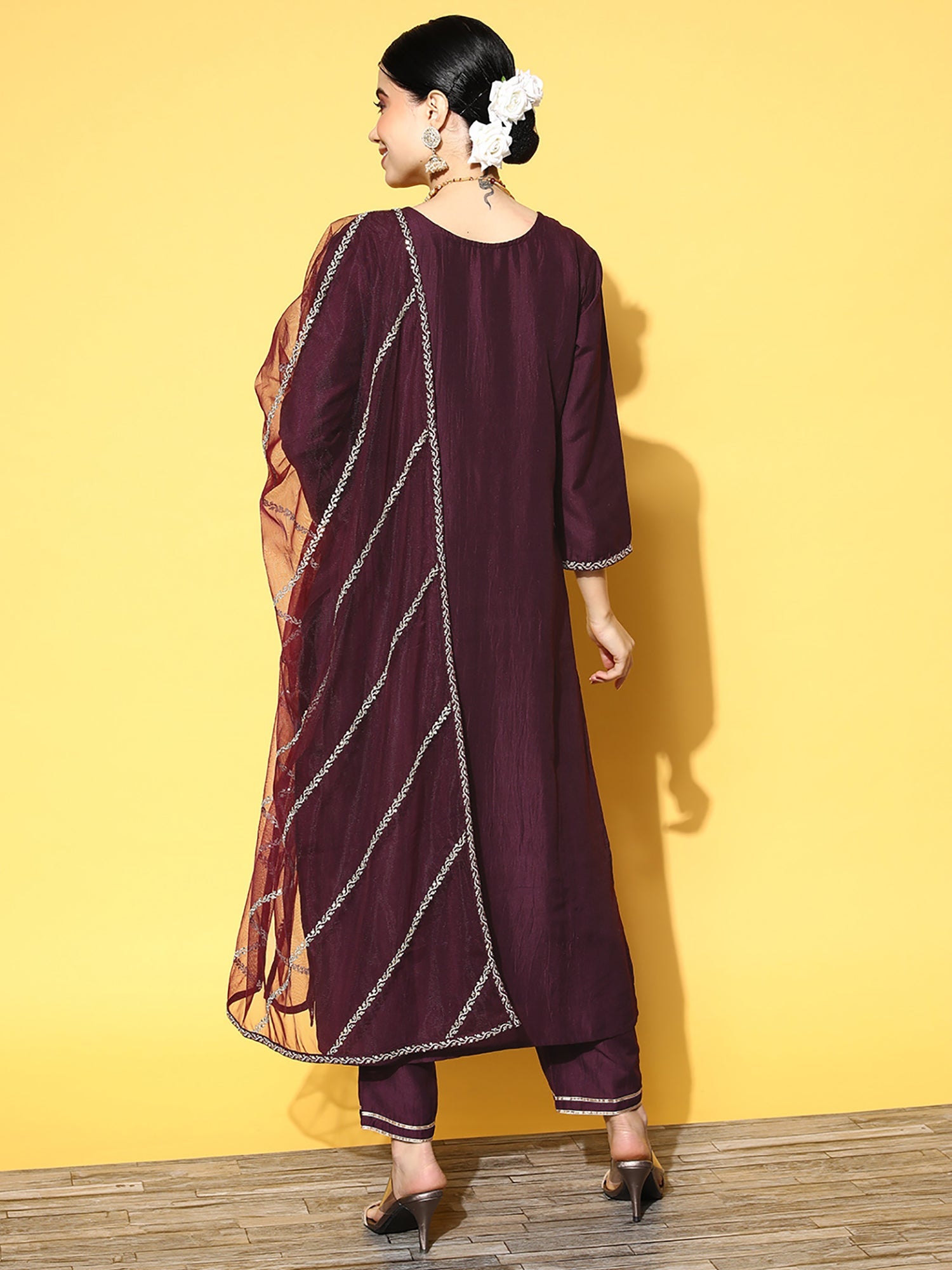 Women's Burgundy Cotton Blend Kurta Set - Taantav