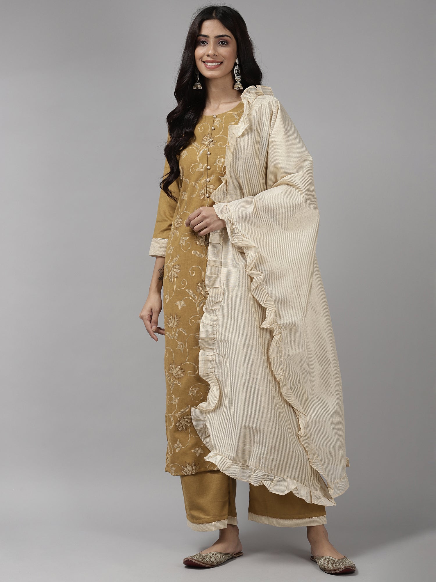 Women's Mustard Cotton Blend Kurta Set - Taantav