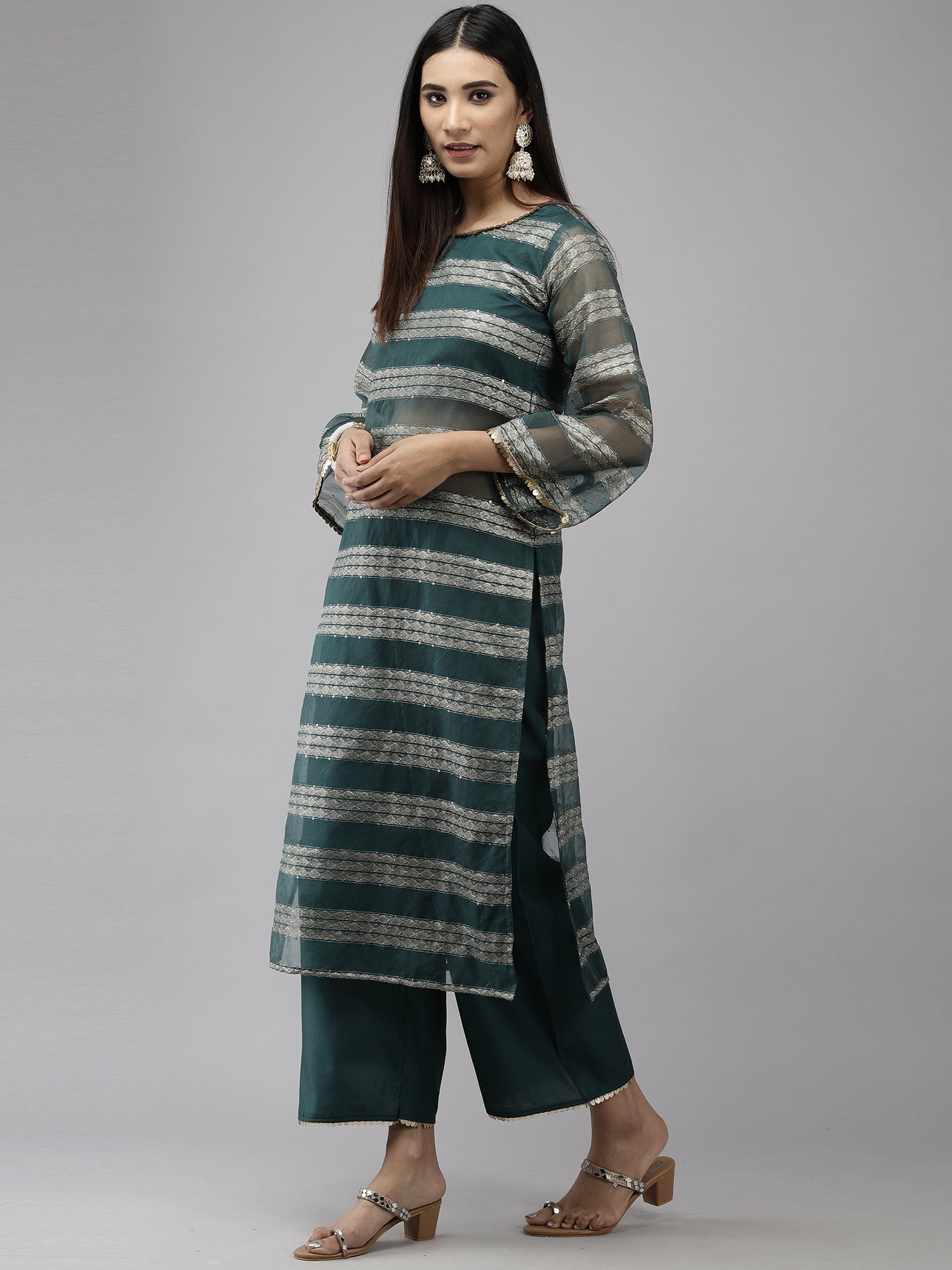 Women's Teal Organza Kurta Set - Taantav