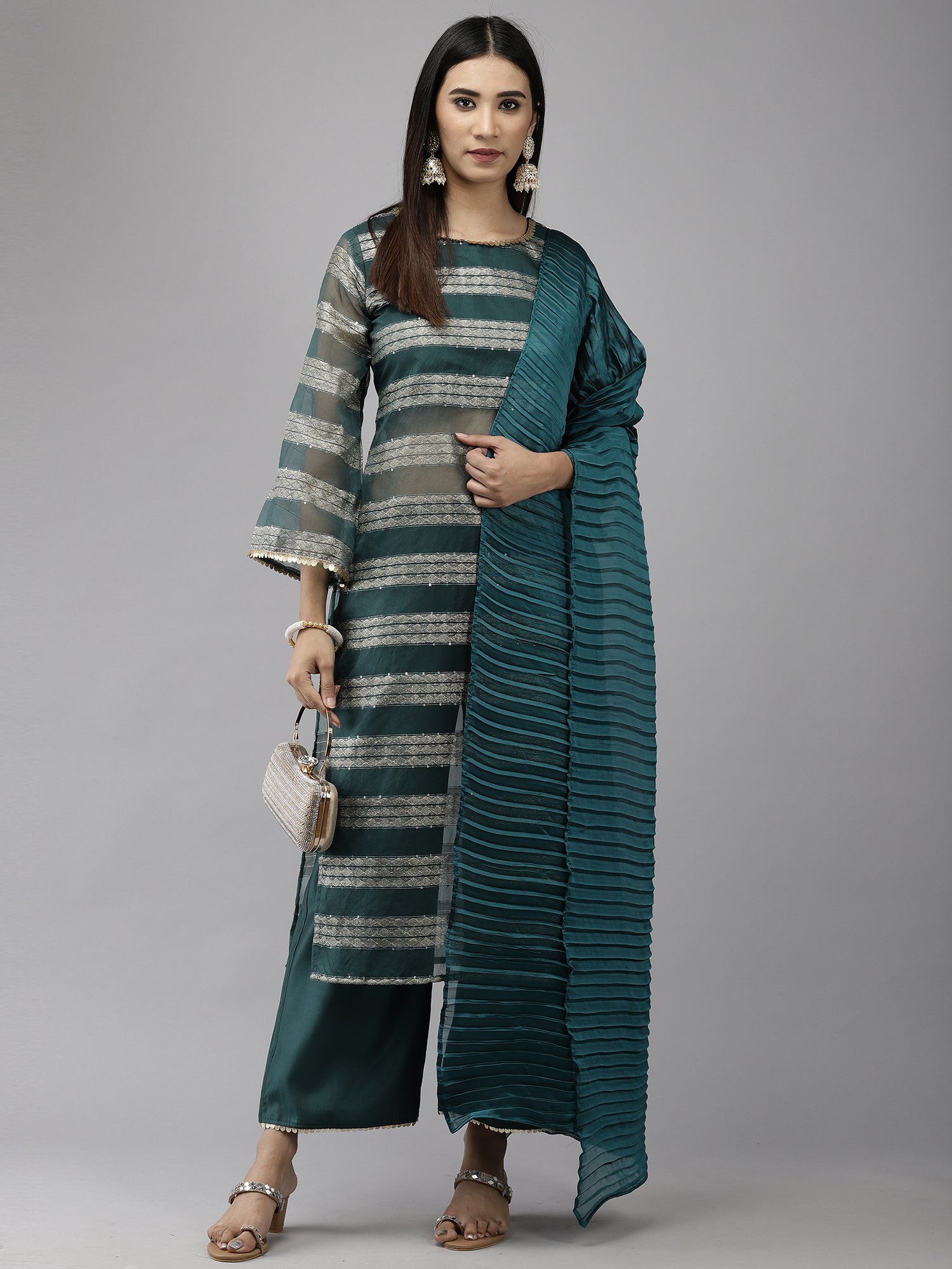 Women's Teal Organza Kurta Set - Taantav