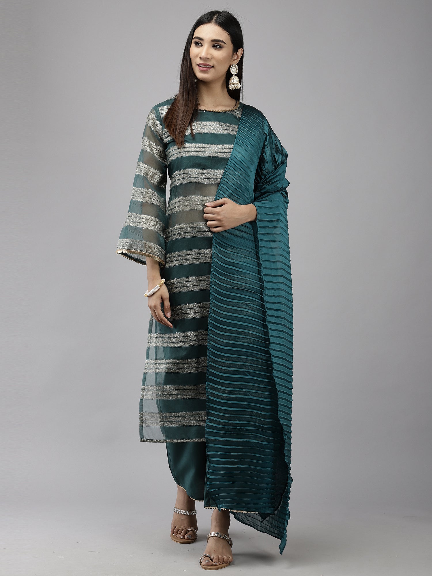 Women's Teal Organza Kurta Set - Taantav