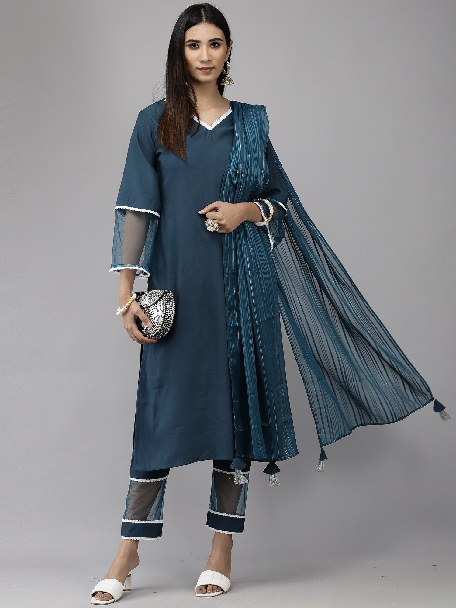 Women's Teal Poly Georgette Kurta Set - Taantav