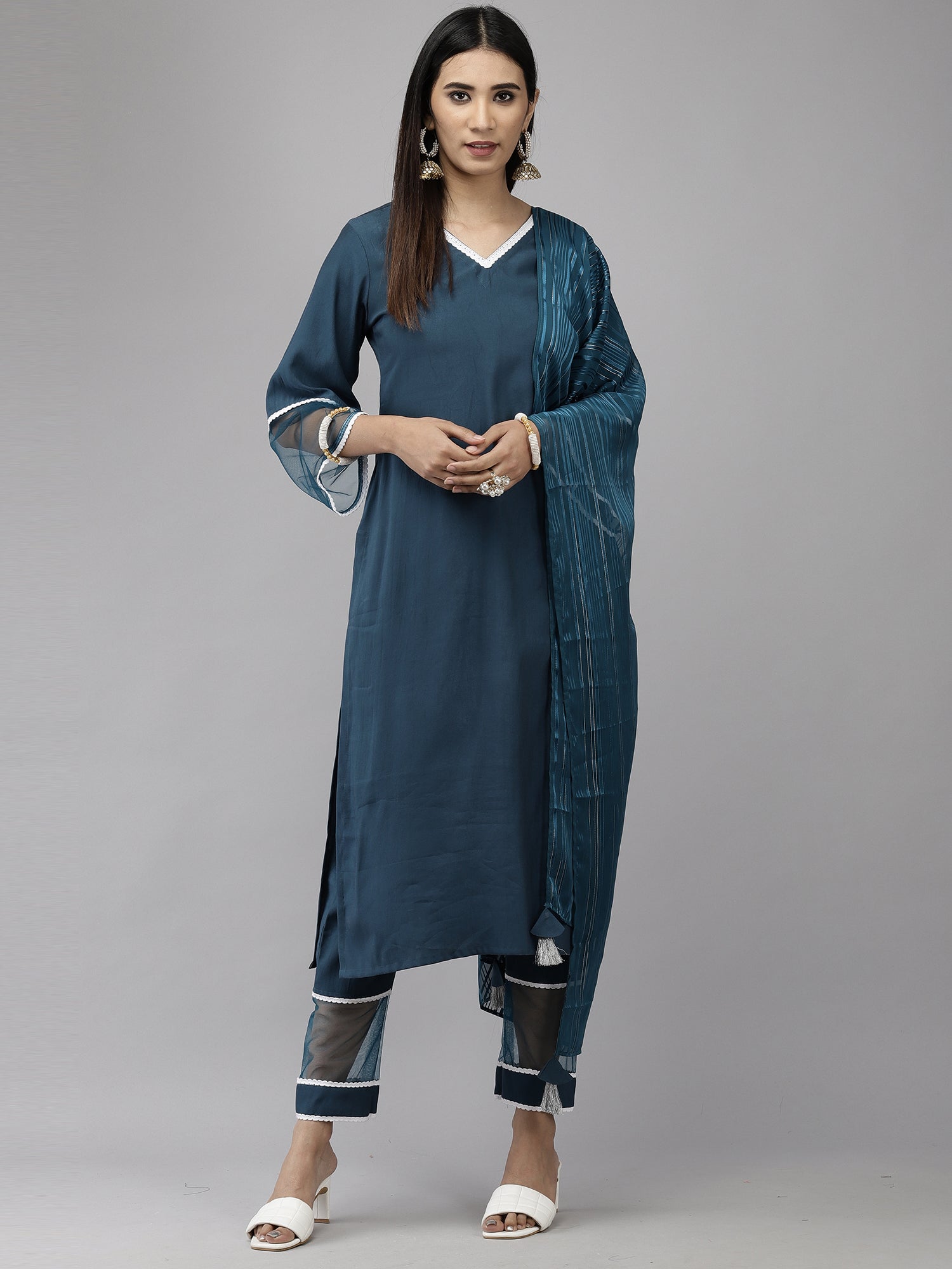 Women's Teal Poly Georgette Kurta Set - Taantav