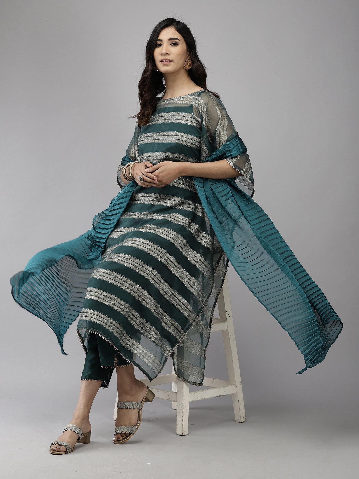 Women's Teal Poly Georgette Kurta Set - Taantav