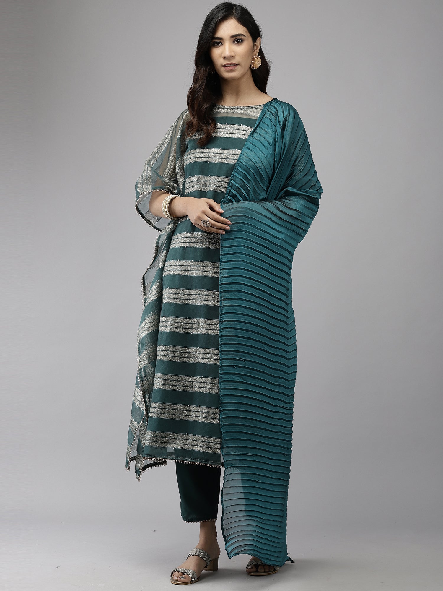 Women's Teal Poly Georgette Kurta Set - Taantav