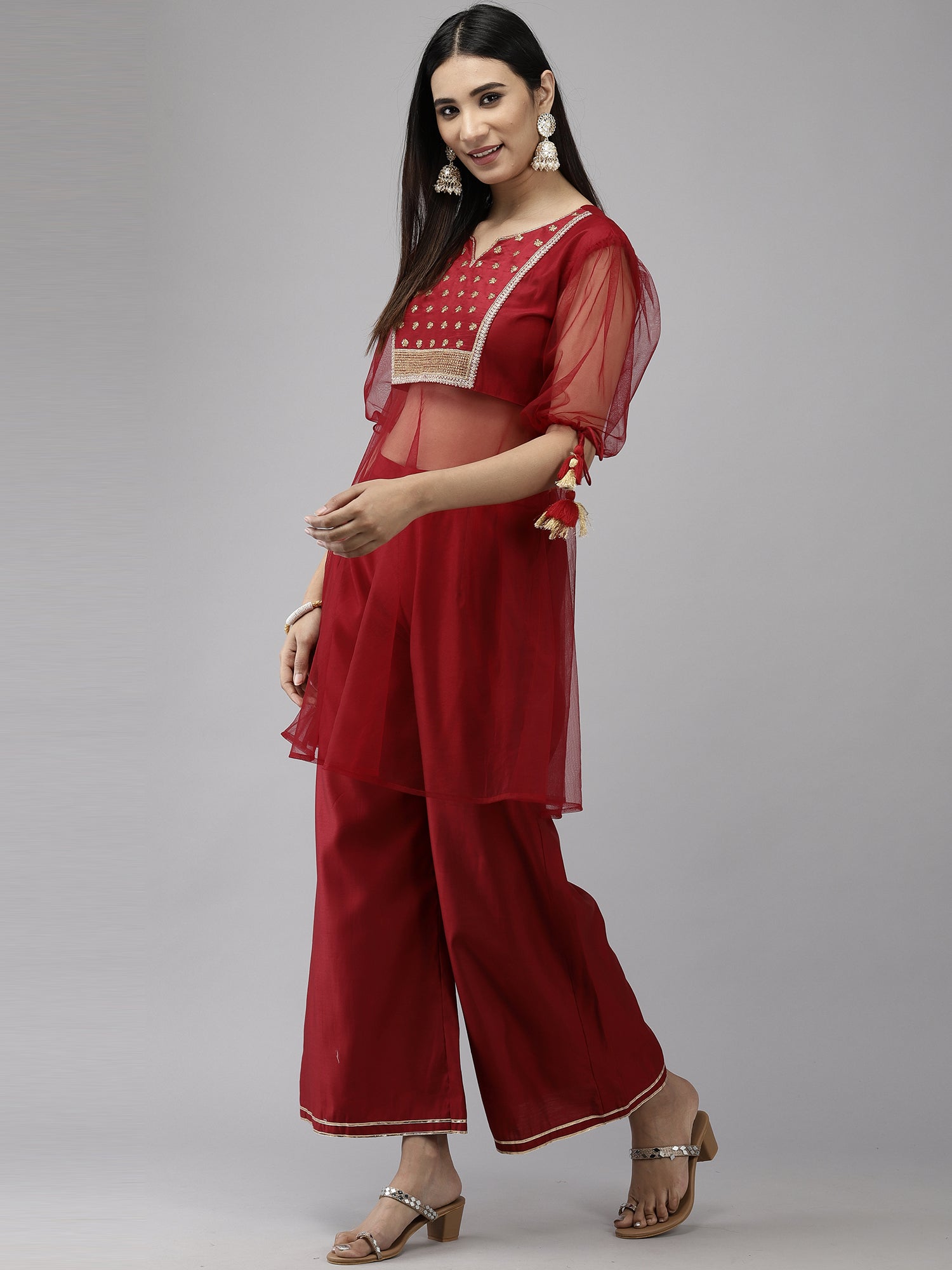 Women's Red Liva Kurta Set - Taantav