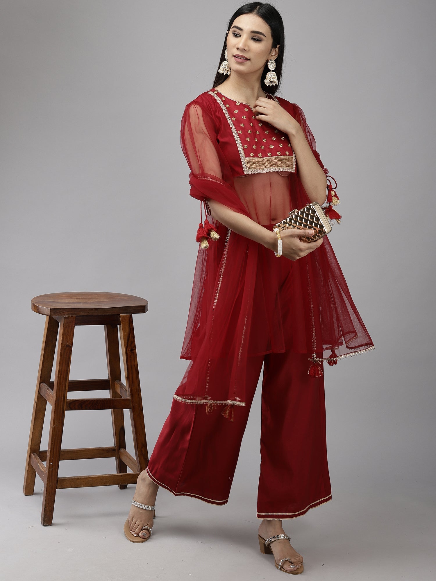 Women's Red Liva Kurta Set - Taantav