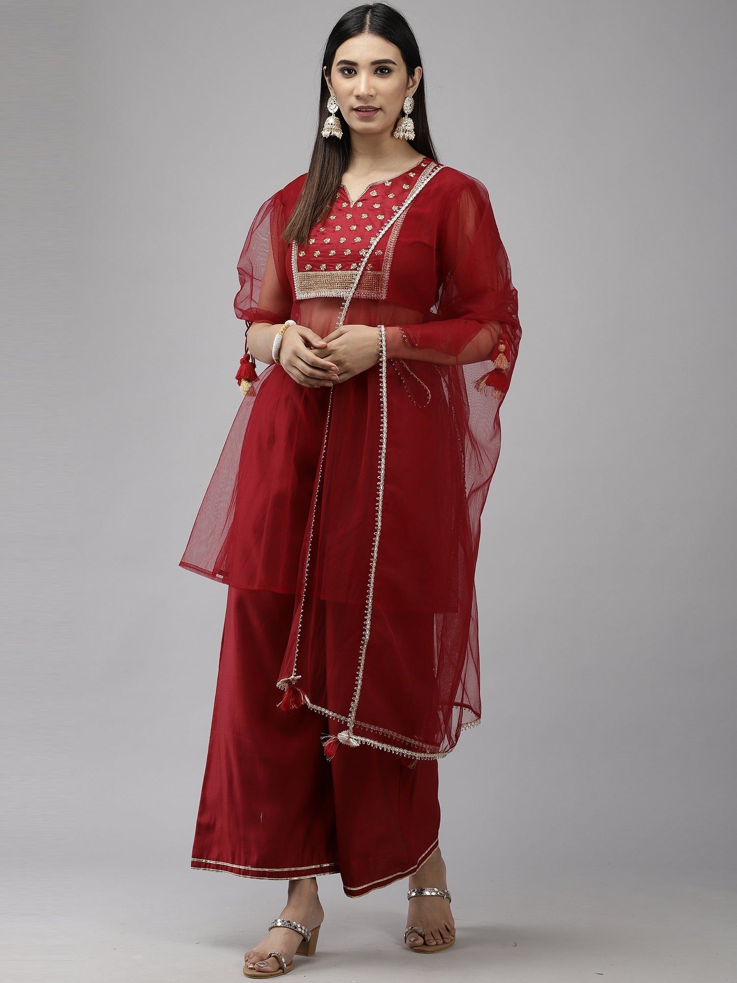 Women's Red Liva Kurta Set - Taantav