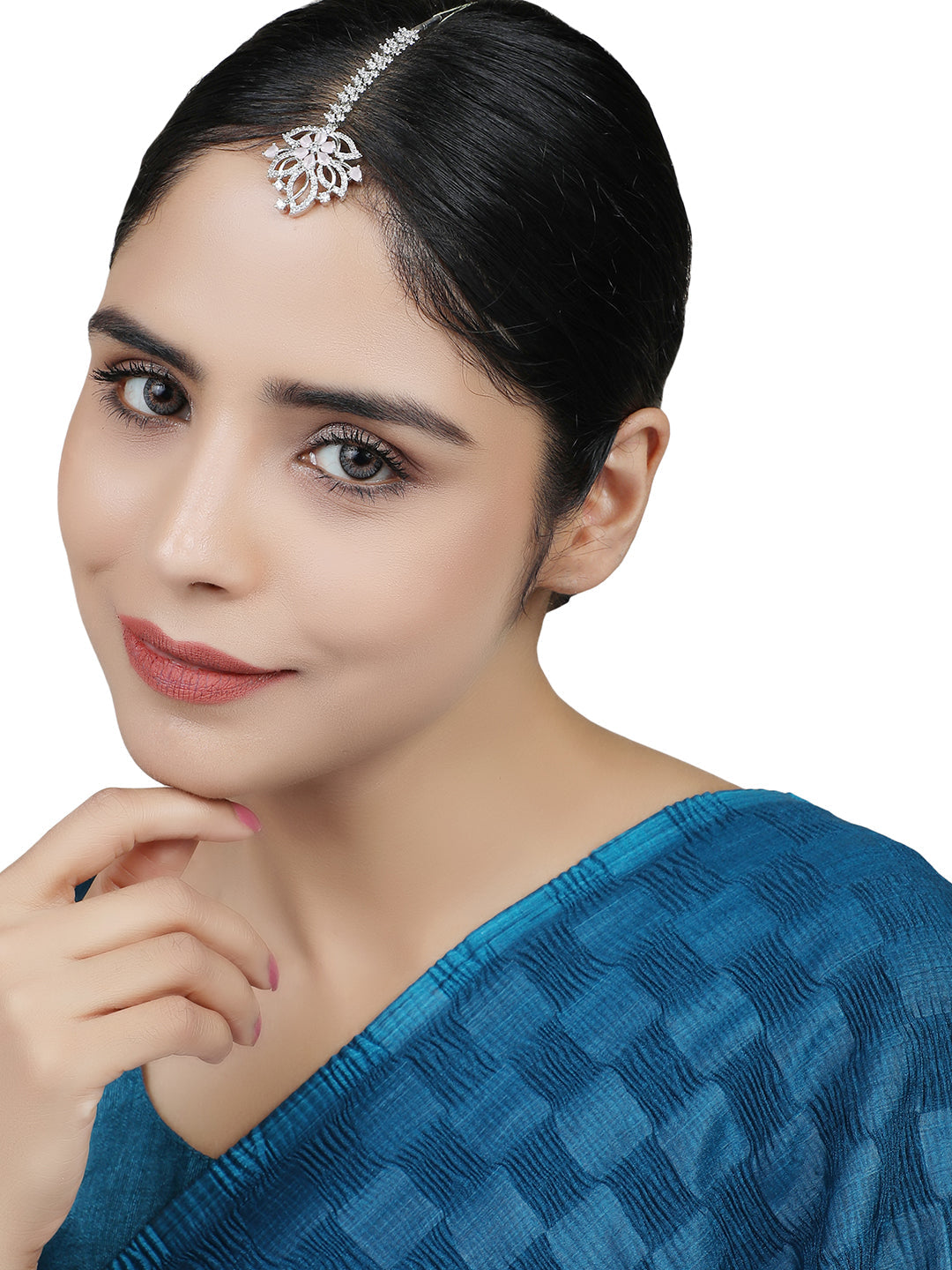 Women's Silver-Plated & White Ad-Studded Floral Maangtikka