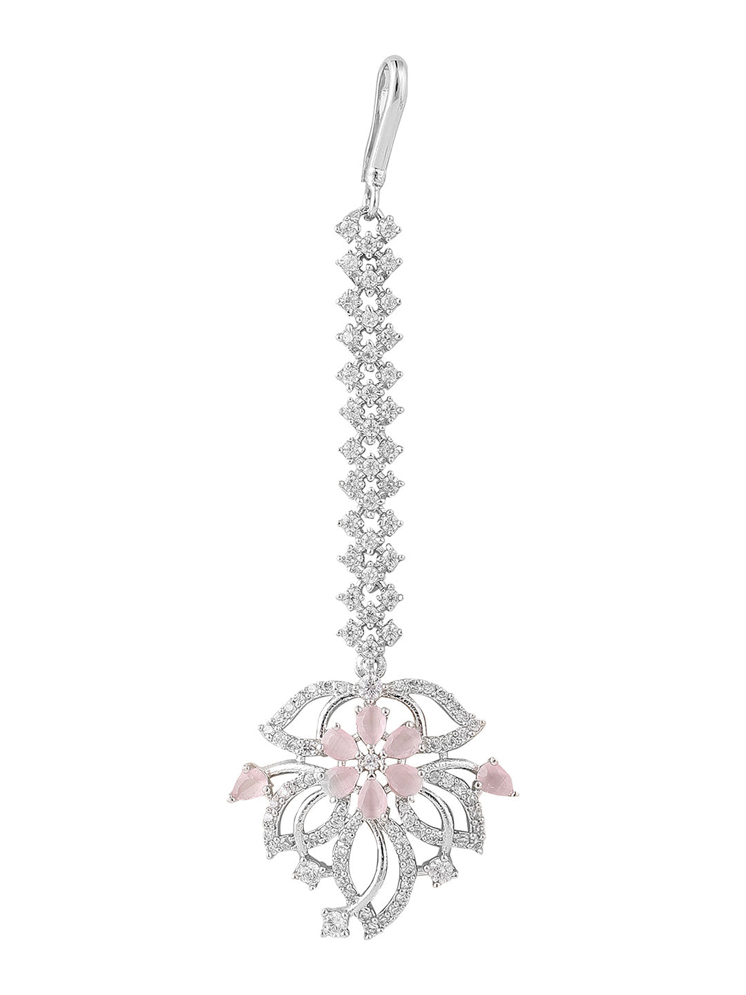 Women's Silver-Plated & White Ad-Studded Floral Maangtikka