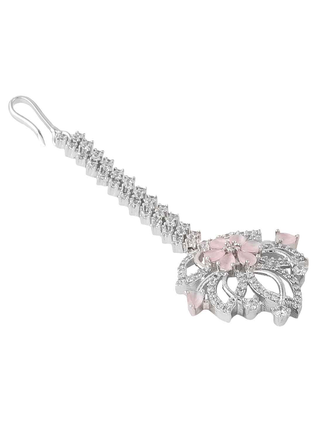 Women's Silver-Plated & White Ad-Studded Floral Maangtikka