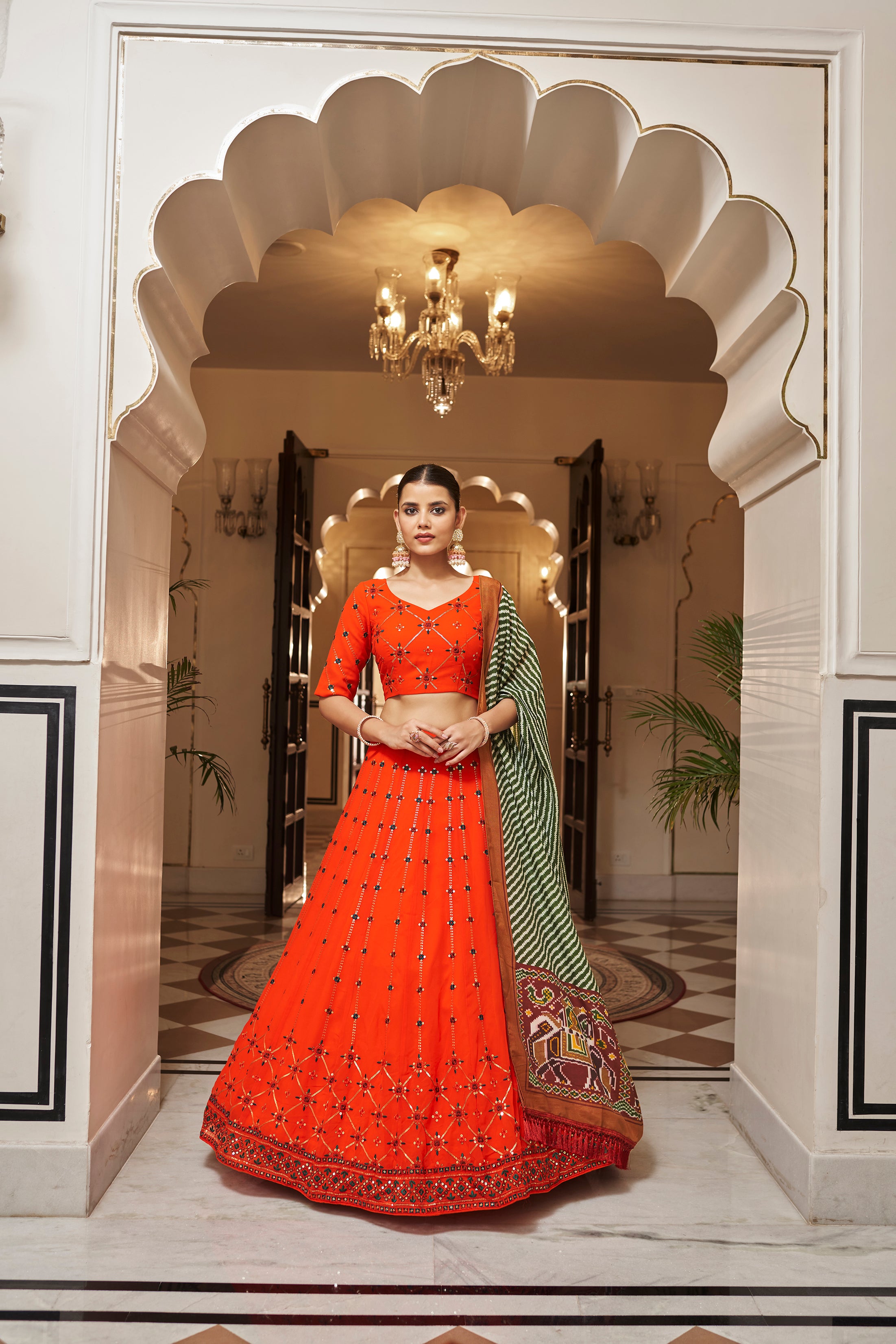 Women's Orange Georgette Thread With Sequince Embroidered Lehenga Set - Shubhkala