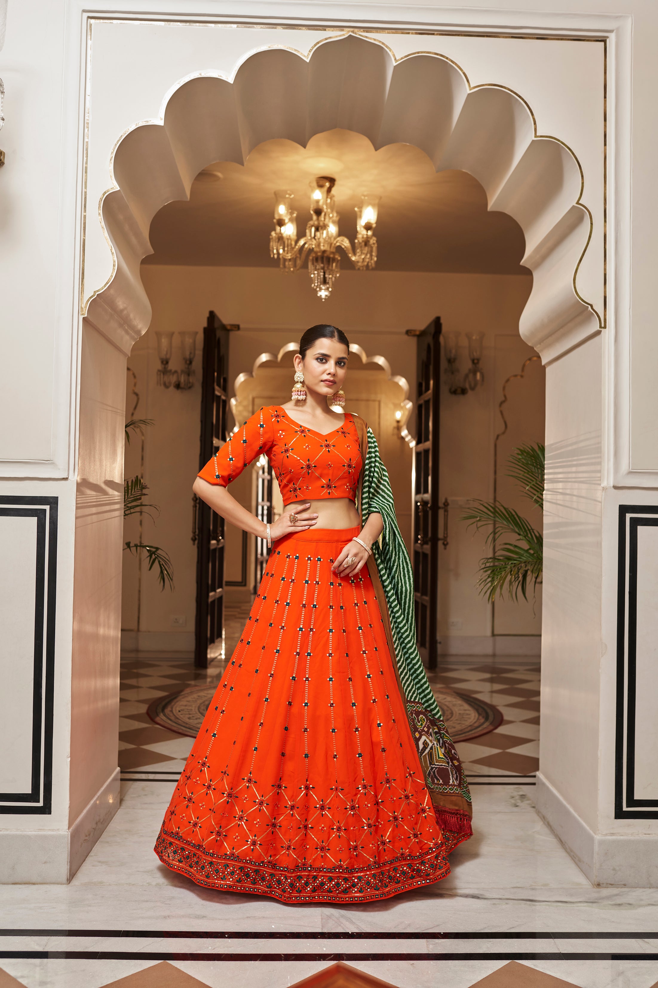 Women's Orange Georgette Thread With Sequince Embroidered Lehenga Set - Shubhkala