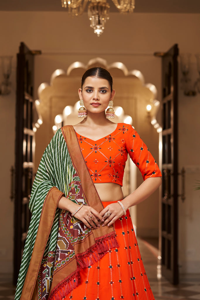 Women's Orange Georgette Thread With Sequince Embroidered Lehenga Set