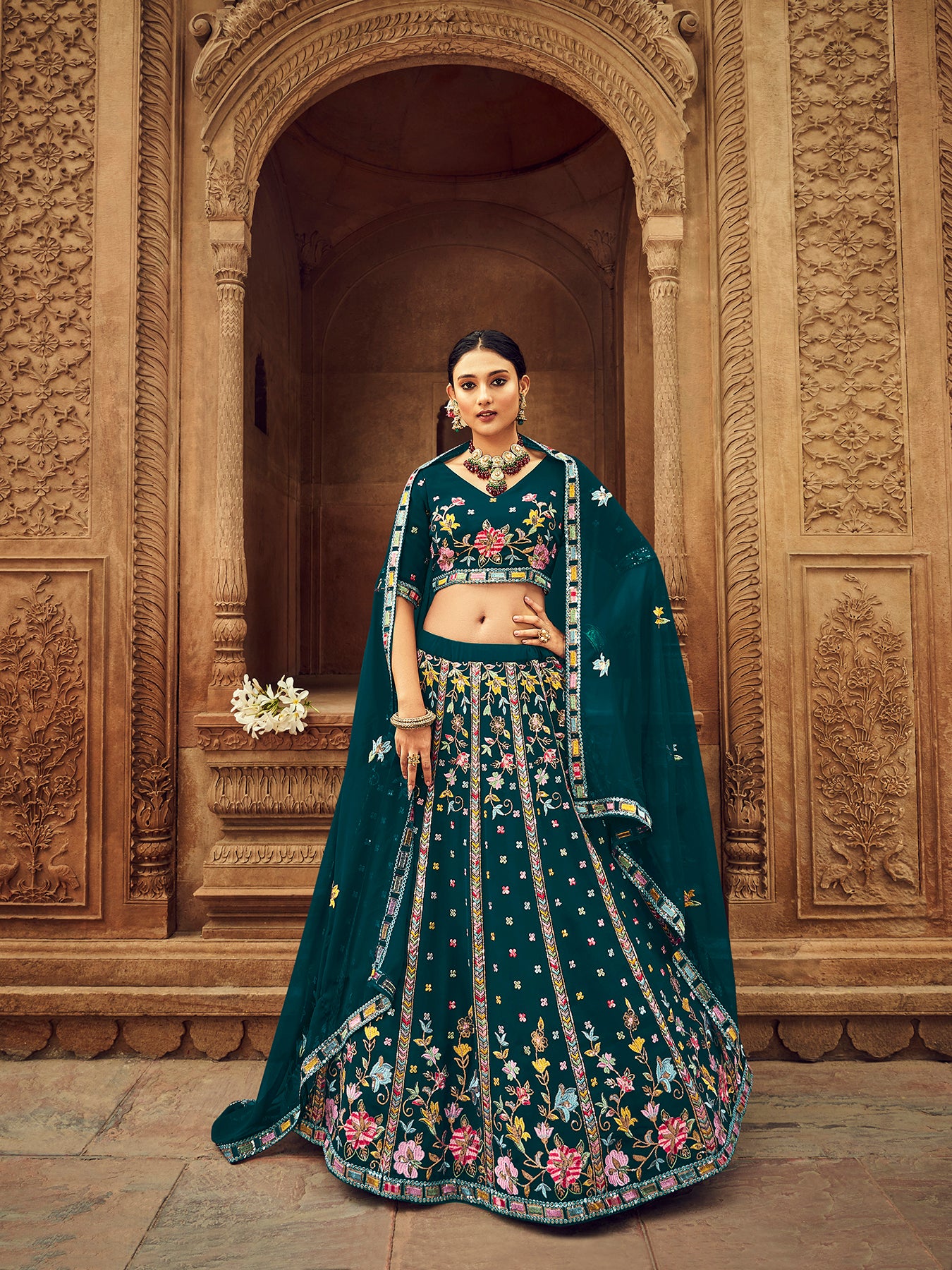 Women's Teal Georgette Thread With Sequince Embroidered Lehenga Set - Shubhkala