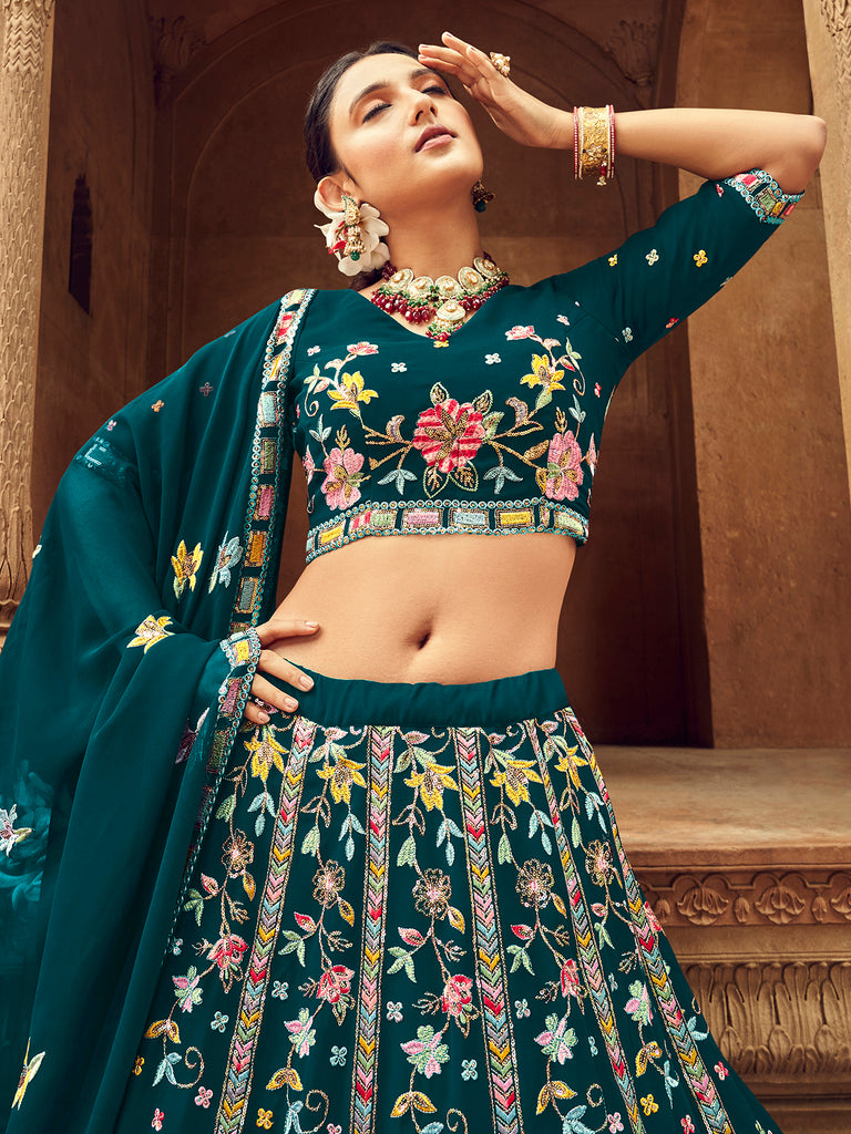 Women's Teal Georgette Thread With Sequince Embroidered Lehenga Set