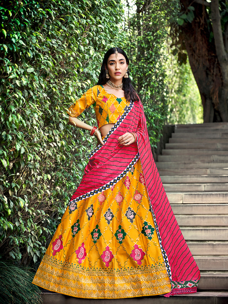 Women's Yellow Silk Thread With Sequince Embroidered Lehenga Set