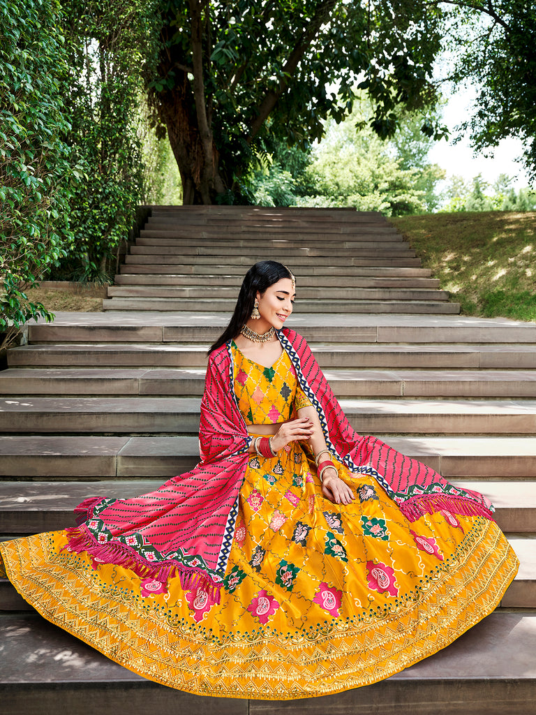 Women's Yellow Silk Thread With Sequince Embroidered Lehenga Set