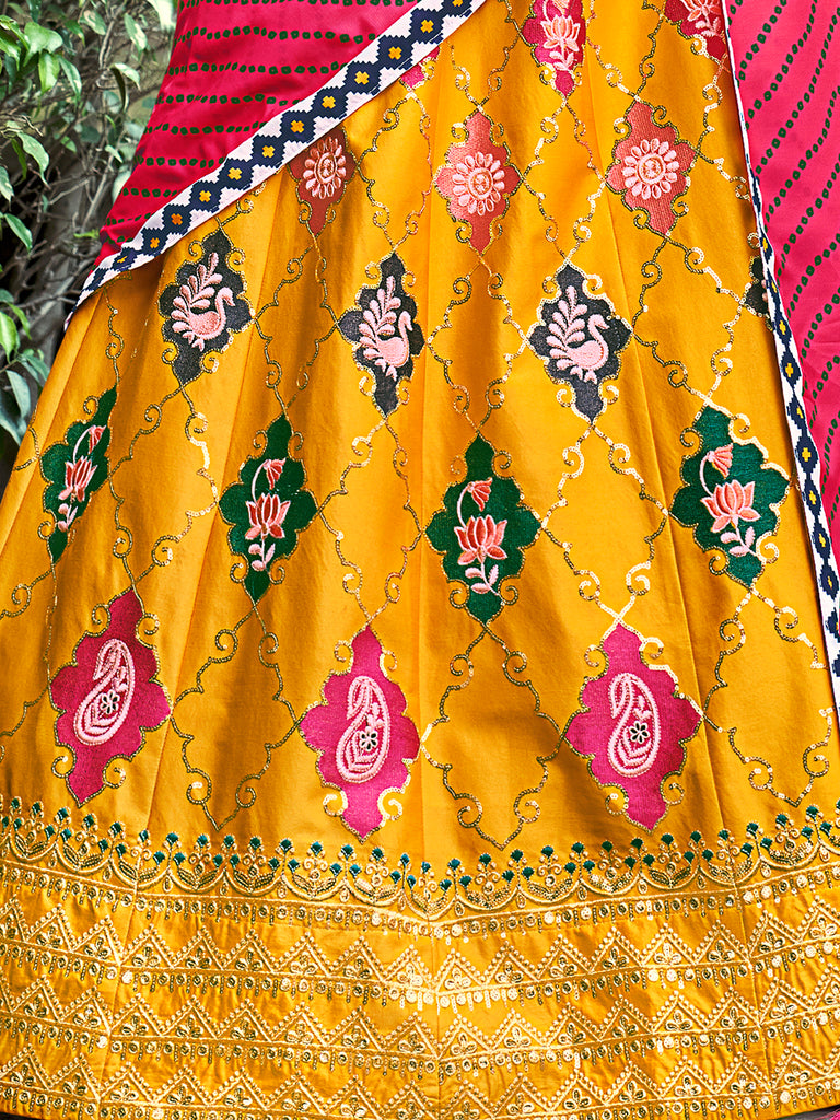 Women's Yellow Silk Thread With Sequince Embroidered Lehenga Set