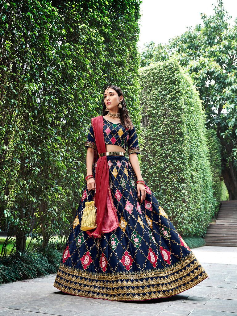 Women's Navy Blue Silk Thread With Sequince Embroidered Lehenga Set