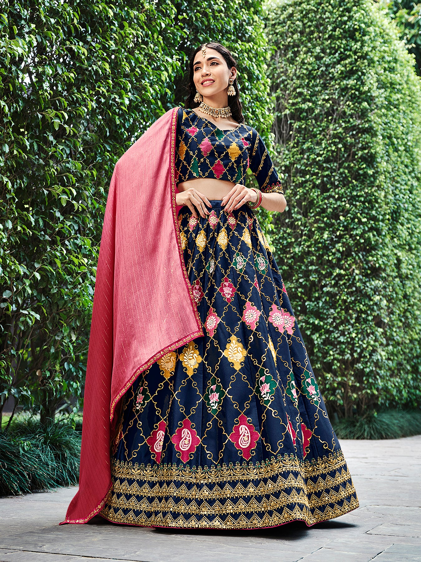 Women's Navy Blue Silk Thread With Sequince Embroidered Lehenga Set - Shubhkala