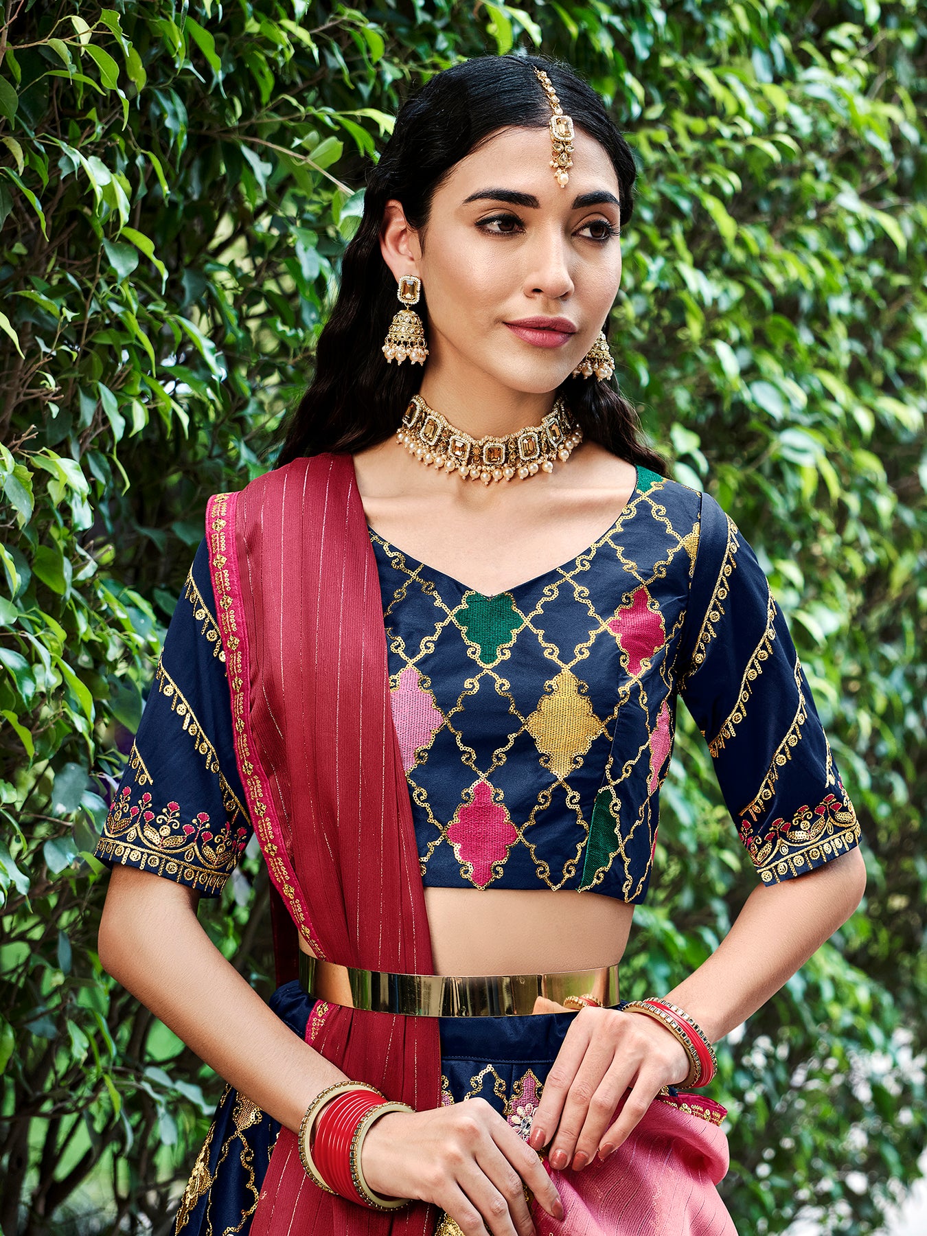 Women's Navy Blue Silk Thread With Sequince Embroidered Lehenga Set - Shubhkala