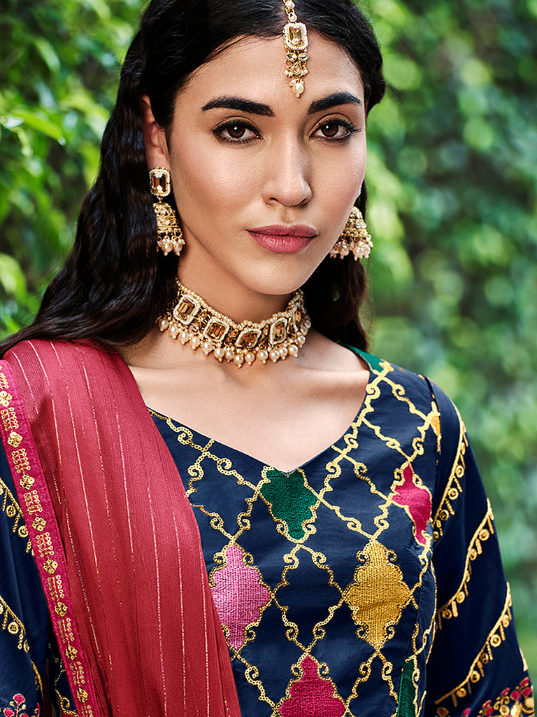 Women's Navy Blue Silk Thread With Sequince Embroidered Lehenga Set