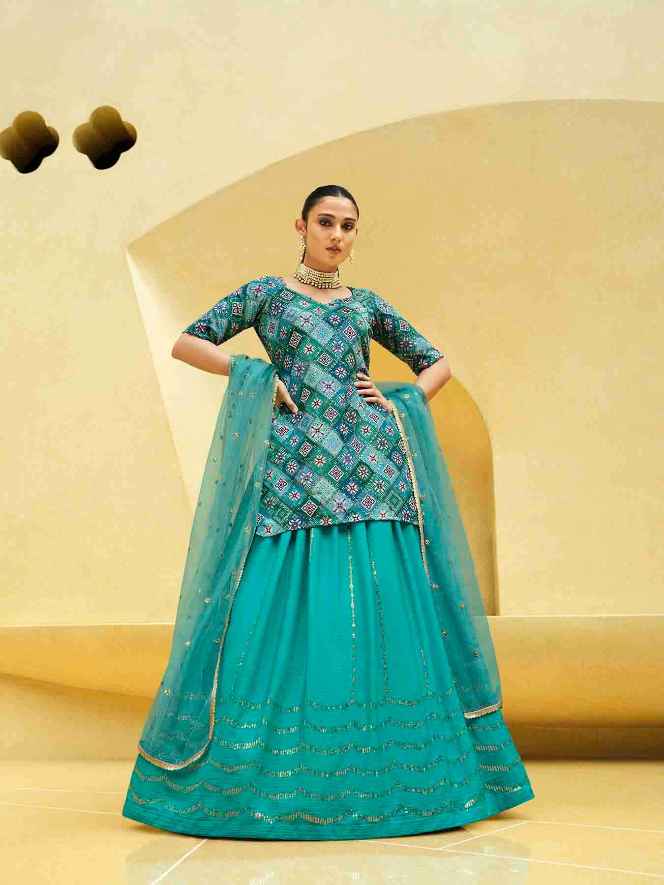 Women's Turquoise Blue Silk Sequence Embroidered Lehenga Set - Shubhkala