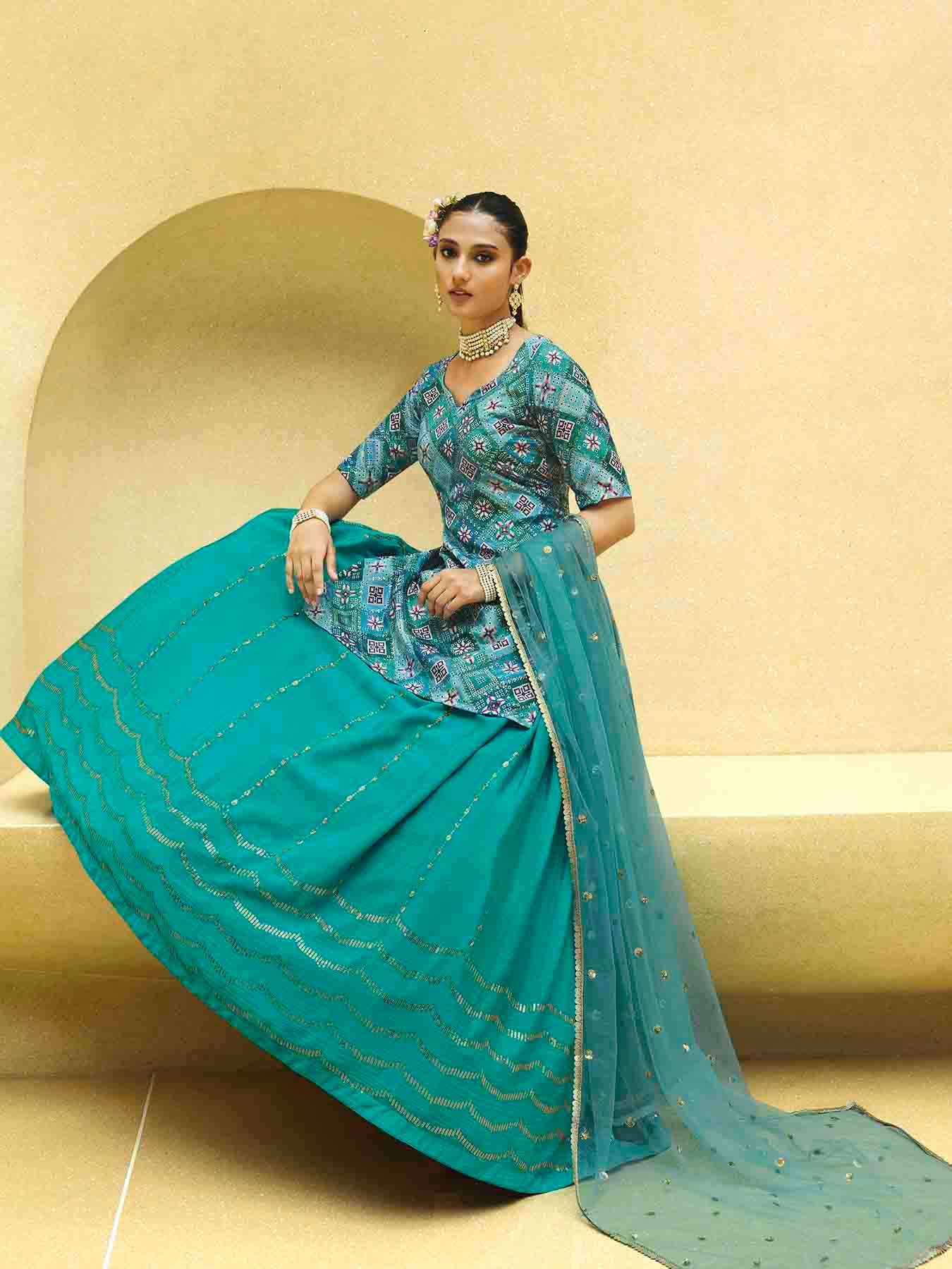 Women's Turquoise Blue Silk Sequence Embroidered Lehenga Set - Shubhkala