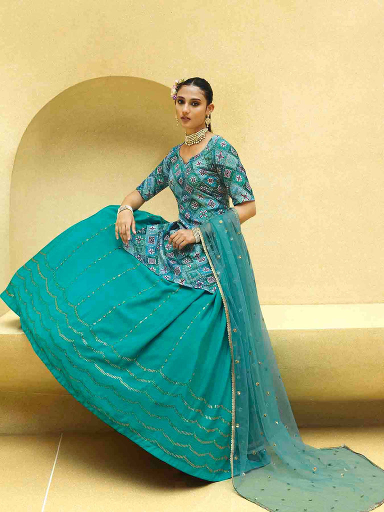 Women's Turquoise Blue Silk Sequence Embroidered Lehenga Set