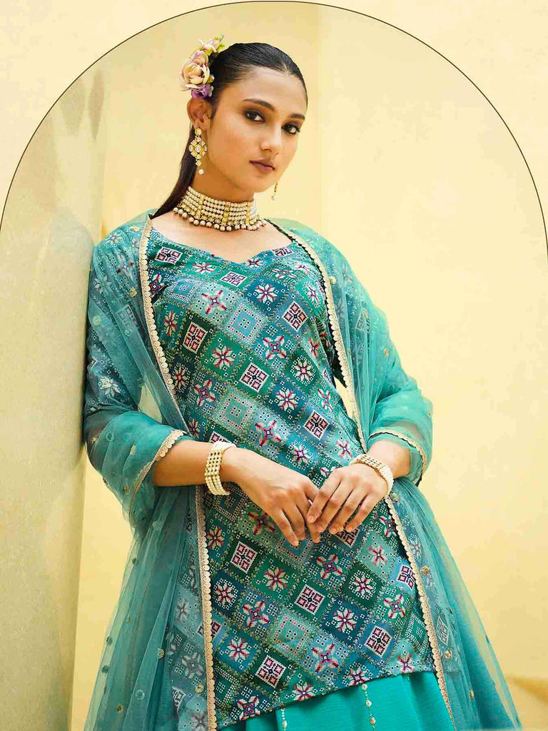 Women's Turquoise Blue Silk Sequence Embroidered Lehenga Set