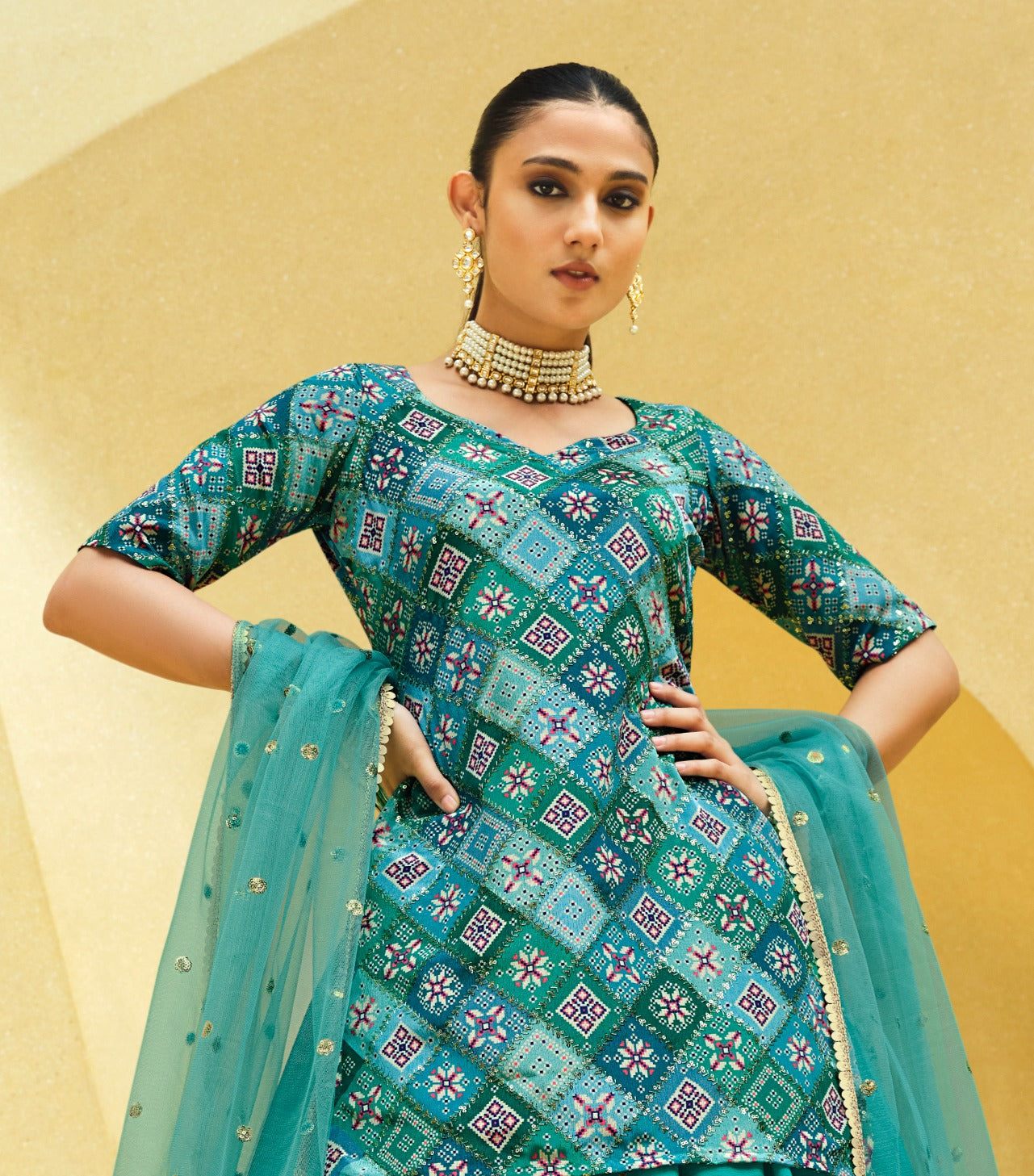 Women's Turquoise Blue Silk Sequence Embroidered Lehenga Set - Shubhkala