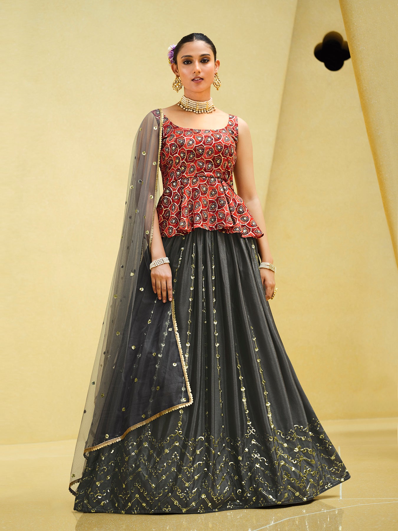 Women's Grey Silk Sequence Embroidered Lehenga Set - Shubhkala