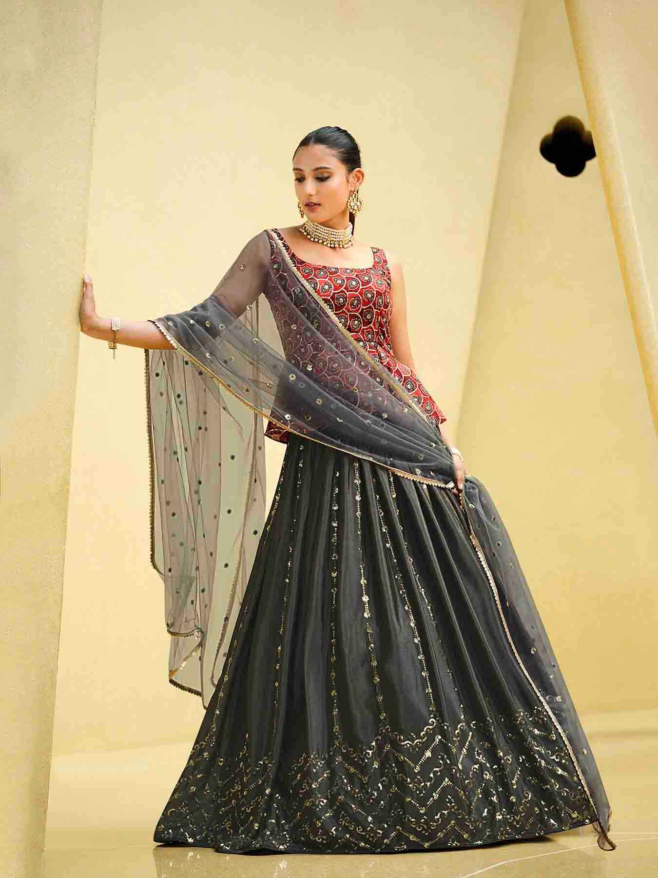 Women's Grey Silk Sequence Embroidered Lehenga Set - Shubhkala