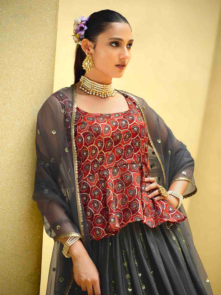 Women's Grey Silk Sequence Embroidered Lehenga Set
