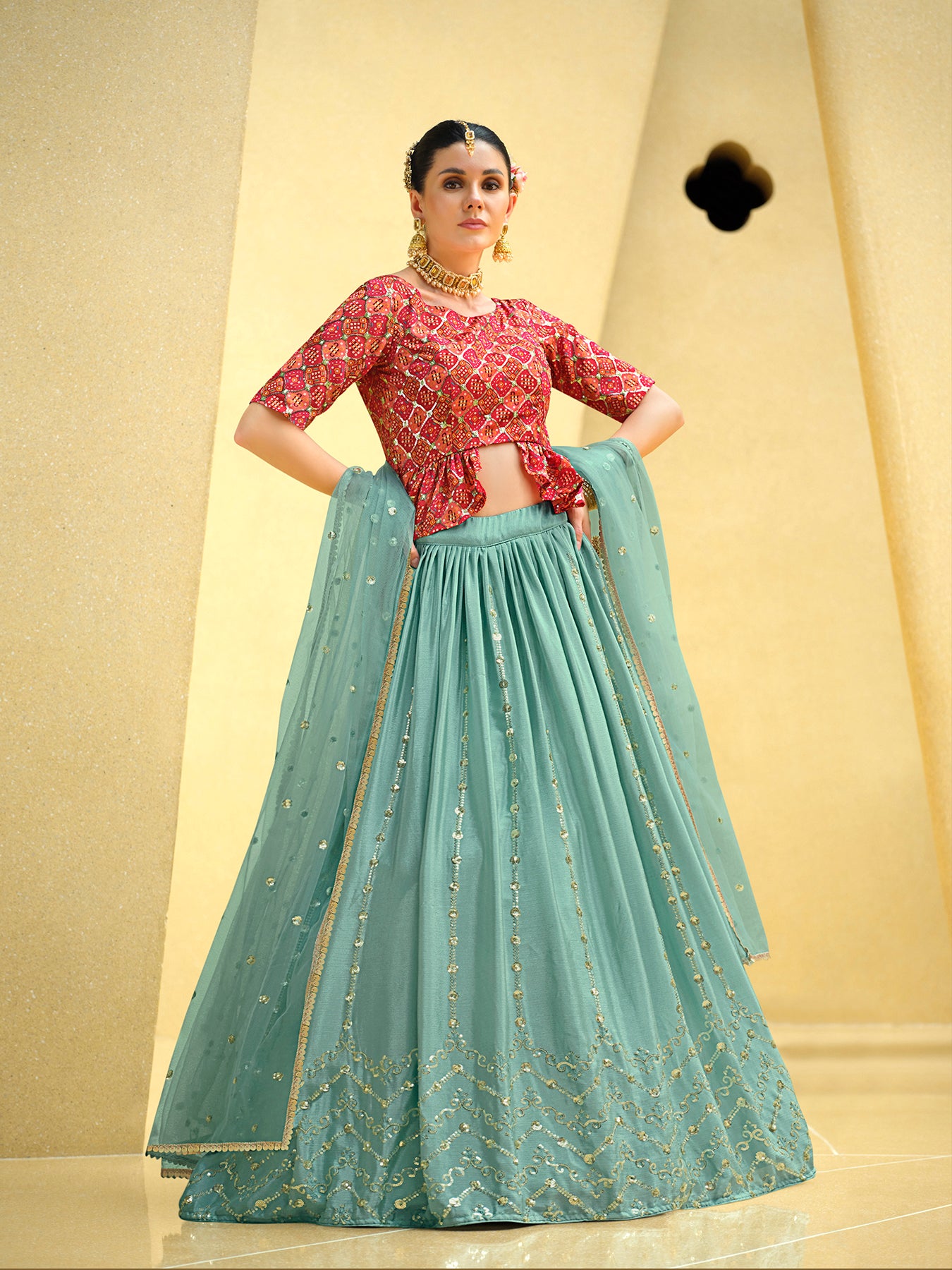 Women's Sky Silk Sequence Embroidered Lehenga Set - Shubhkala