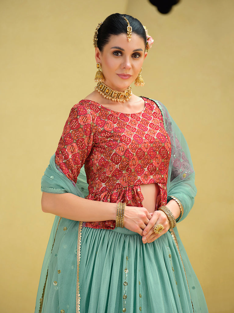 Women's Sky Silk Sequence Embroidered Lehenga Set