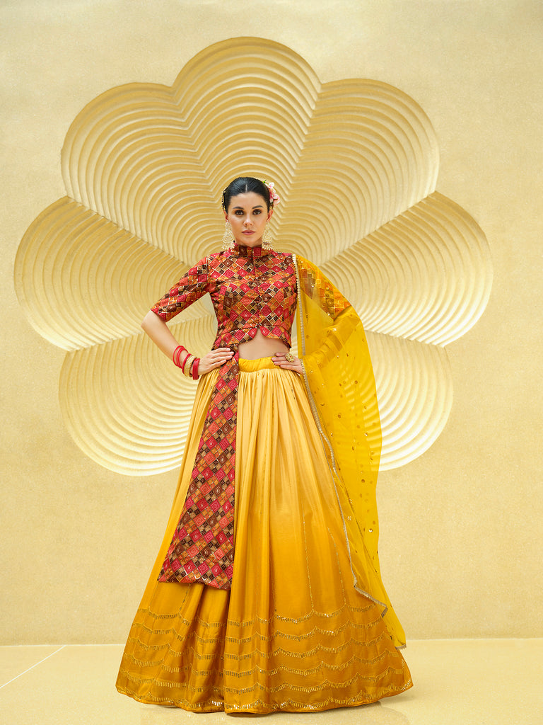 Women's Yellow Silk Sequence Embroidered Lehenga Set