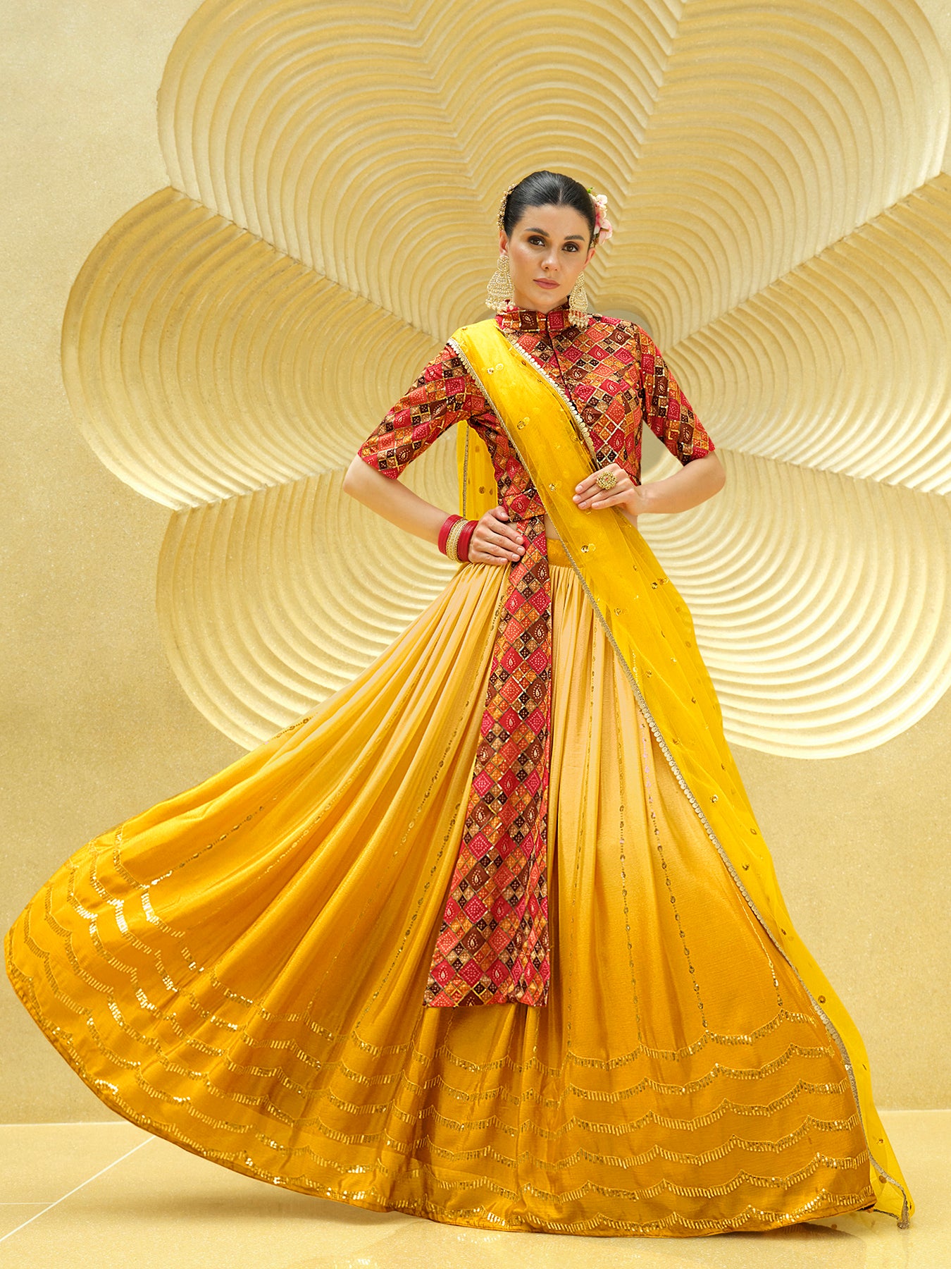 Women's Yellow Silk Sequence Embroidered Lehenga Set - Shubhkala