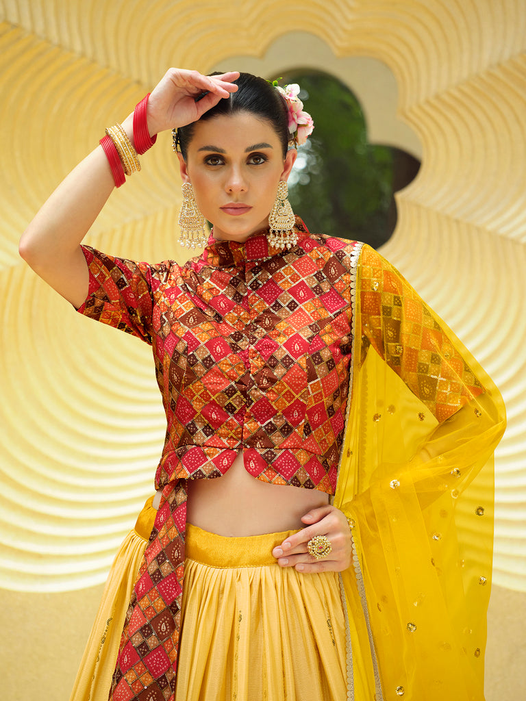 Women's Yellow Silk Sequence Embroidered Lehenga Set