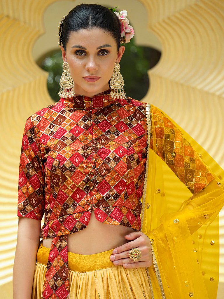 Women's Yellow Silk Sequence Embroidered Lehenga Set