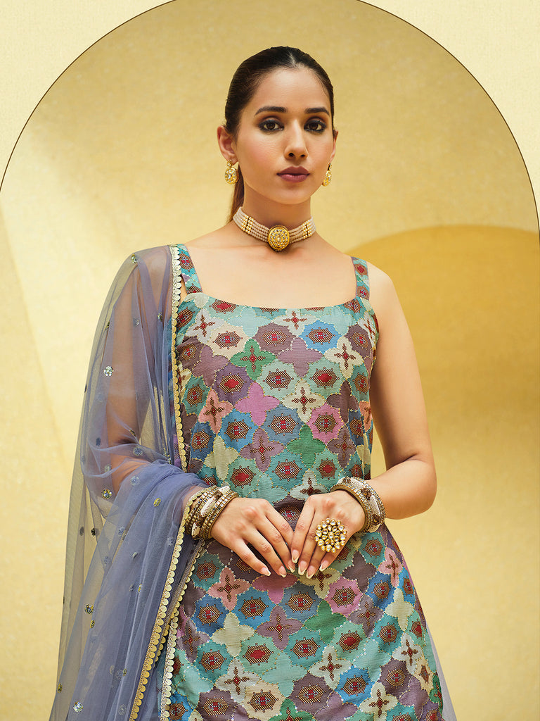 Women's Lavender Silk Sequence Embroidered Lehenga Set