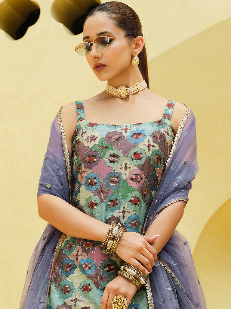 Women's Lavender Silk Sequence Embroidered Lehenga Set