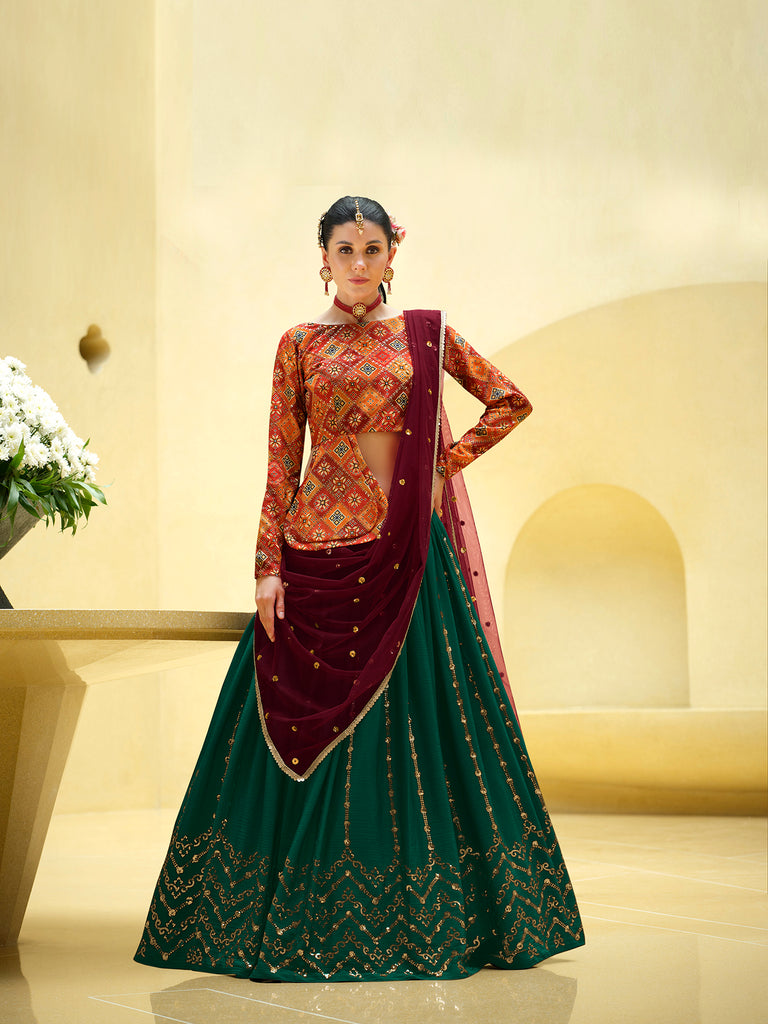 Women's Rama Green Silk Sequence Embroidered Lehenga Set
